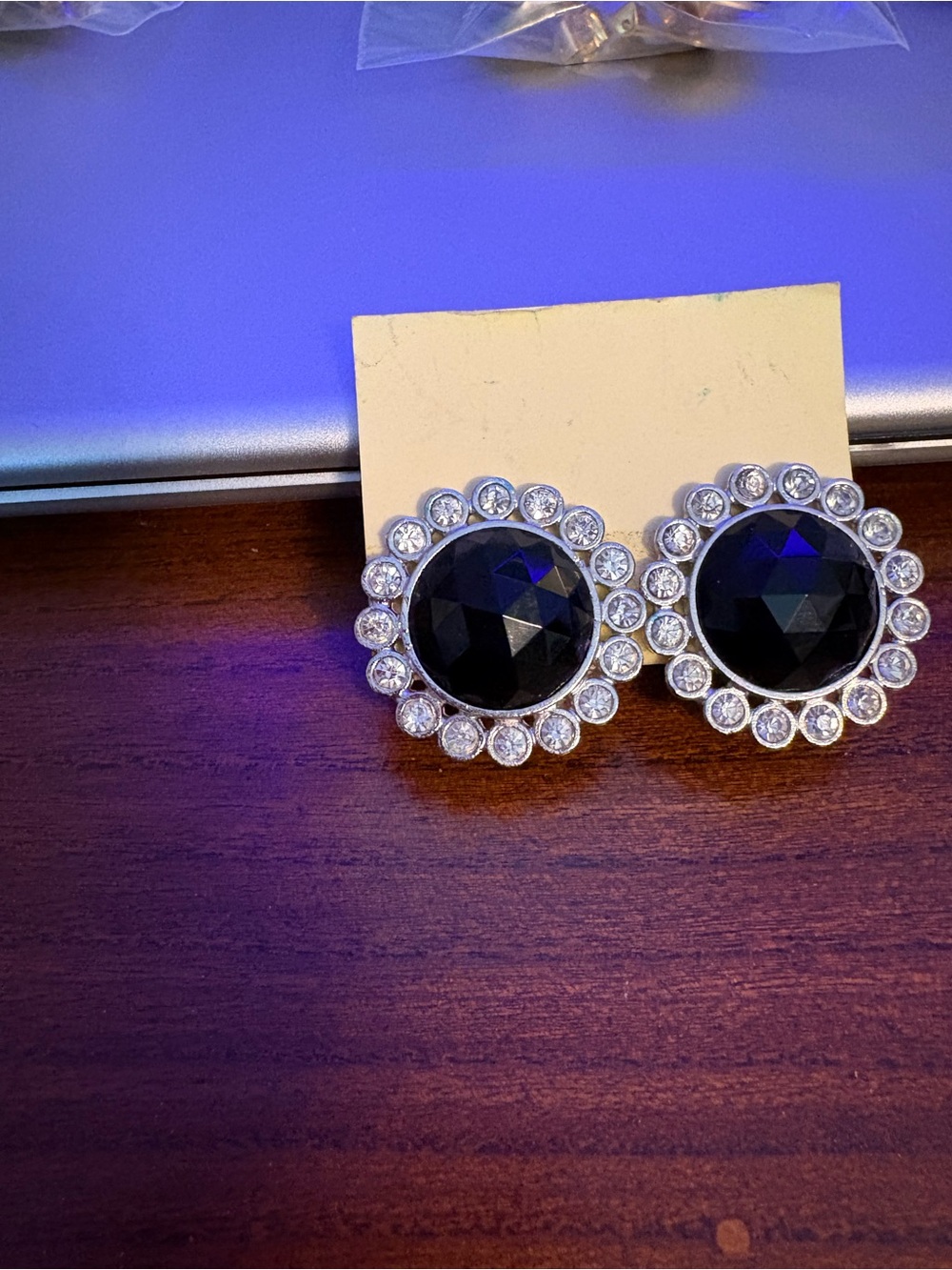 Ellen Designs Black Stone with Rhinestone Circle Clip Earrings